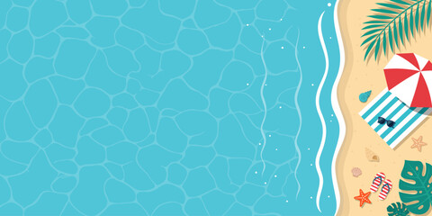 Summer beach top view vector background, tropical ocean water and sand coast banner illustration. © Vasyl Yurlov