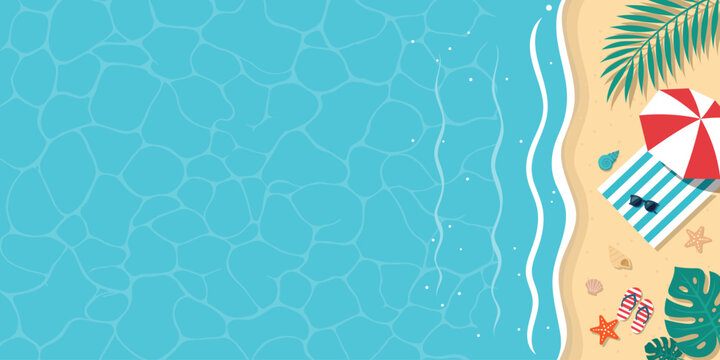 Summer beach top view vector background, tropical ocean water and sand coast banner illustration.