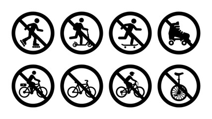 Prohibited Activities Vector Icons Set: No Rollerblading, Scooters, Skateboards, Bicycles, Unicycles, and Running Signs © Tania