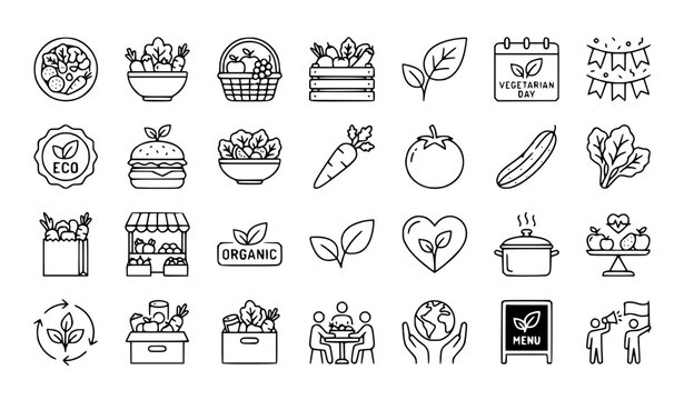 27 Vegetarian Day Outline Icon Set Plant Based Food Vector EPS 10