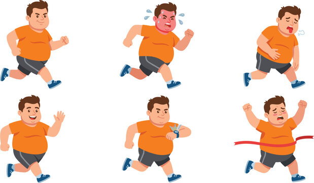 Fat man character running for weight loss vector illustration set featuring obese guy jogging sweating tired checking smart watch and finishing race
