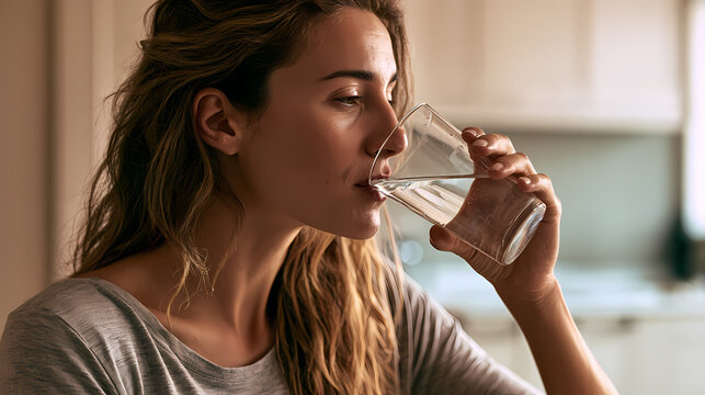 Young woman hydrating with fresh water in modern home office kitchen