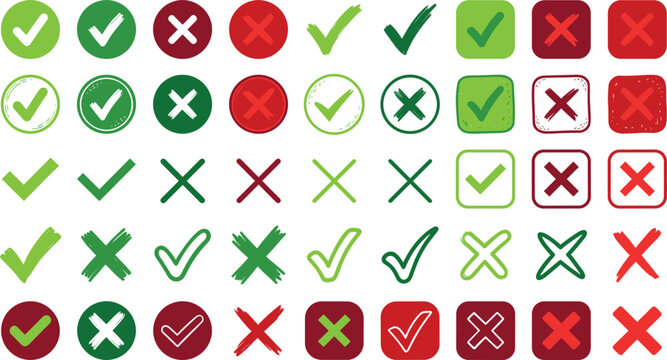 Hand drawn checkmark and cross vector icon set with green tick marks and red X signs for voting survey checklist evaluation or test