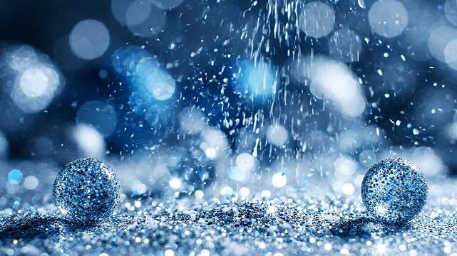 Shiny Blue Glitter Falling Like Snow on Sparkling Spheres with Soft Bokeh Background, Macro Close Up