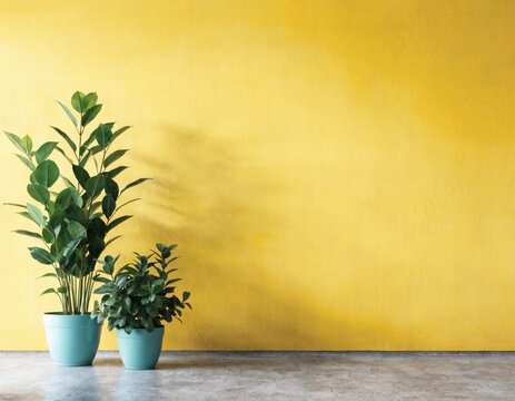 A minimalist interior scene features a bright, sunny yellow wall as the dominant backdrop. On the left side of the frame