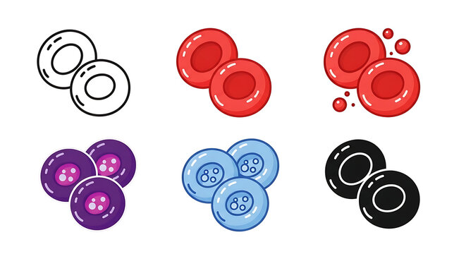 Set of colorful cartoon blood cell icons or erythrocytes with erythrocyte research microscope hematology diagnostic laboratory illustration collection