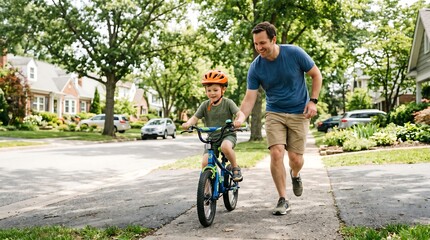 Naklejka premium A man is helping a young boy learn to ride a bike on a sidewalk in a suburban neighborhood with trees and houses