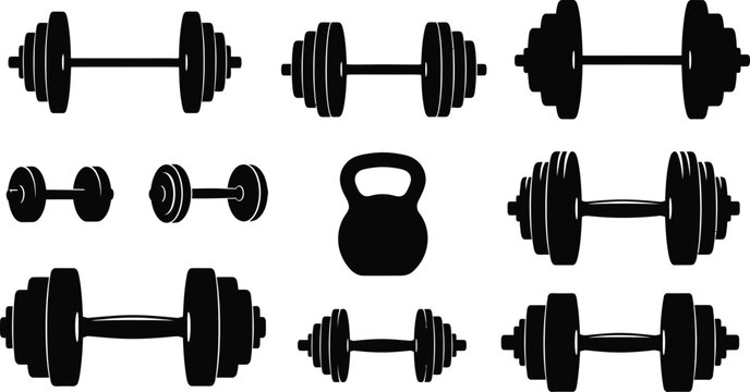 Black dumbbells and kettlebell icons