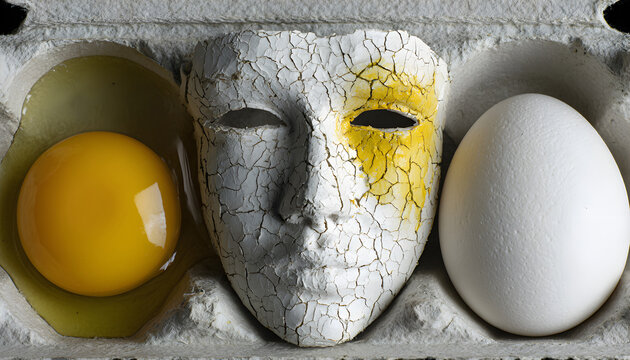 Surreal composition featuring a cracked white mask revealing vibrant yellow yolk, nestled between two pristine eggs in a carton, showcasing a unique blend of art and symbolism, camera zooms in