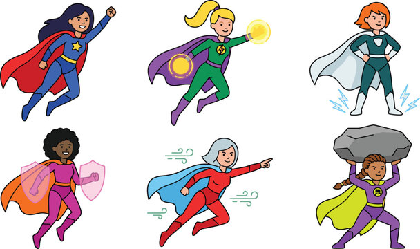 Female superhero character vector icon set with brave cartoon women flying wearing capes and using superpowers for comic book graphic design elements