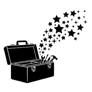 Monochromatic vector illustration showing an open toolbox containing hand tools like a wrench, screwdriver, and hammer, with a dynamic stream of stars rising from it on a white background