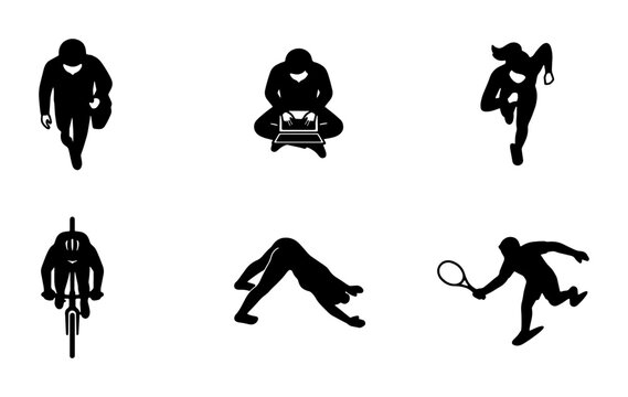Top-down Silhouette Icons: Runner, Cyclist, Yogi, Tennis Player, Businessman, Cyclist on Bike - Vector Set