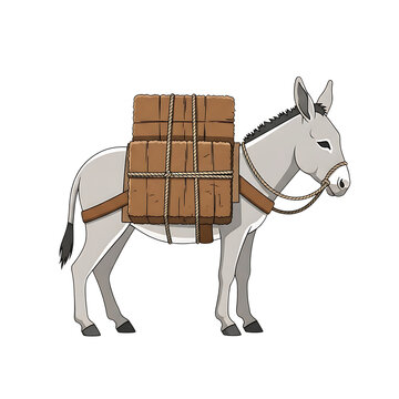 A donkey carrying heavy wooden cargo crates on its back isolated against white with transport burdened domestic agriculture traditional isolated background carrying