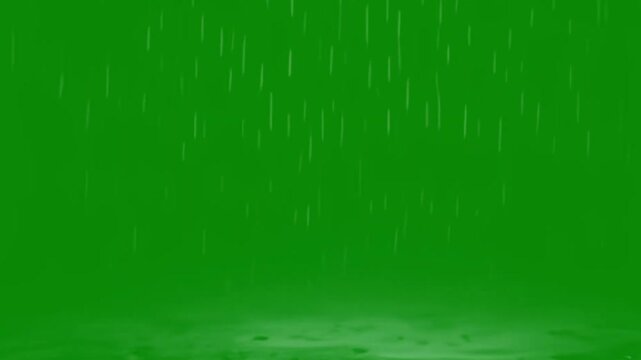 Realistic rain drops falling on green screen background with puddles and water splashes overlay video.