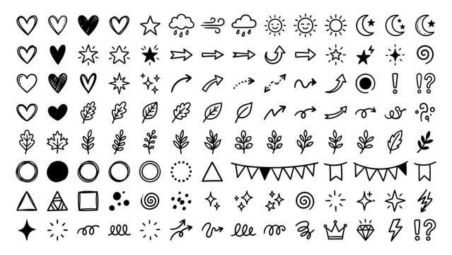 Hand drawn doodle vector set with hearts stars arrows leaves and geometric shapes cute black ink sketch icons for design decoration