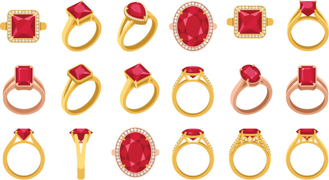 Luxury golden jewelry vector ring set with shiny red ruby gemstones and diamonds isolated on white background for engagement marriage wedding card designs.