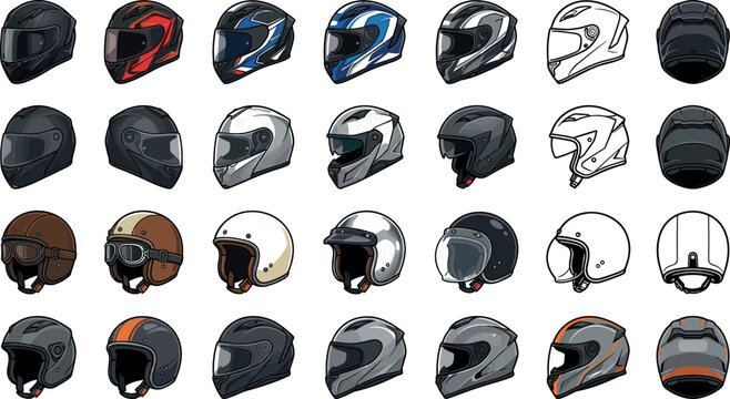 Motorcycle Helmet Vector Icon Set Featuring Full Face Racing Helmets and Vintage Open Face Retro Biker Styles with Visors and Goggles for Graphic Designs