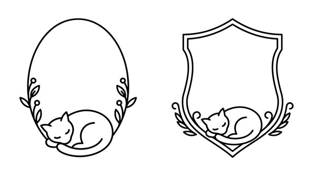 Sleeping cat vector line art frames with oval and shield borders decorated with botanical leaves for logo design and monograms