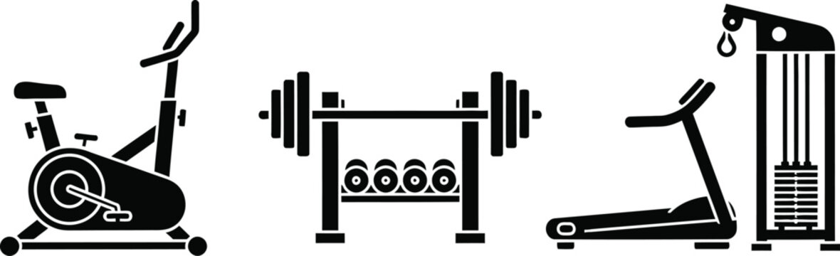 Gym equipment icons exercise bike dumbbell treadmill