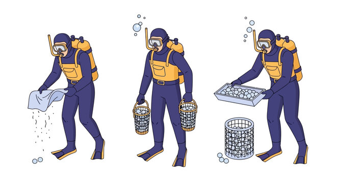 Scuba divers excavating prehistoric fossils underwater with nets and baskets