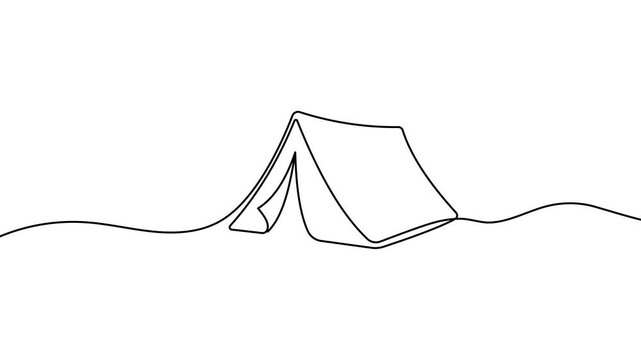 Self-drawing one line art of tourist tent representing outdoor adventure.