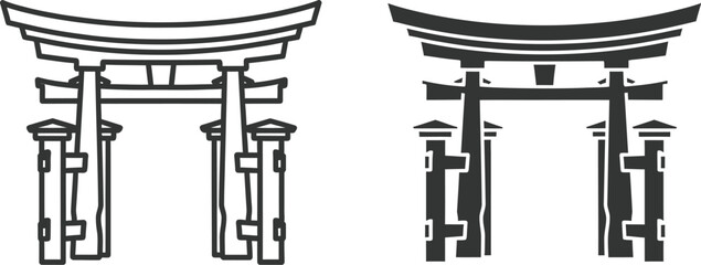Japanese torii gate icons in black and white © NasimaAktar