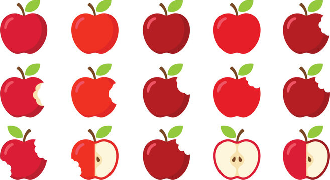 Red apple vector icon set with flat cartoon whole apples bitten pieces half slices and seeds for healthy food market graphic designs