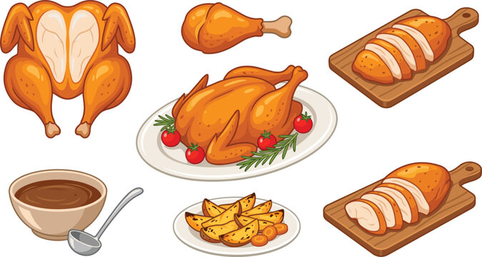 Roasted chicken food illustration set vector featuring whole baked turkey sliced breast on cutting board drumstick gravy sauce and potato wedges