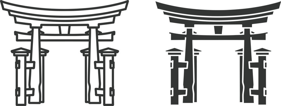 Japanese torii gate icons in black and white