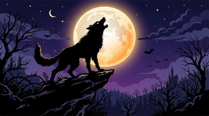 Wolf Howling at Full Moon Halloween Night Purple Sky Vector Illustration © Tubaart70