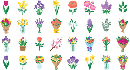 Spring flower vector set with colorful bouquets tulips roses and lavender in glass vases or paper wraps isolated on white background for greeting card designs. © Ms