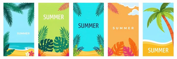 Obraz premium Set of summer social media stories templates with tropical leaves, palm tree, beach and sea background