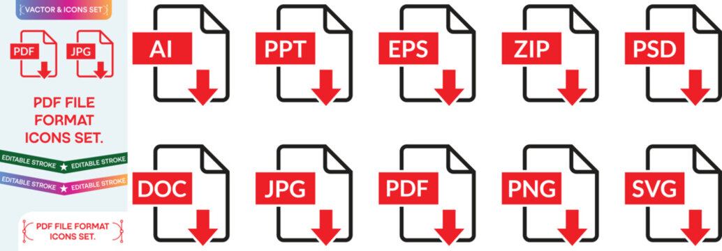 PDF file format icons set. PDF file download symbols. Format for texts, images, vector images, videos, interactive forms - stock vector.