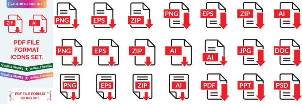 File type icon set, files format type vector, PNG, JPEG, PDF, DOXX, and other file extension. Variety of file formats shown like RAW, ZIP, XLS, MP3, SQL. Ideal for technology or data related content
