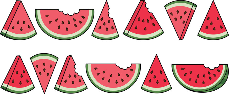 Watermelon slice vector icon set with fresh red melon triangles wedges and bite marks for summer picnic pool party graphic design