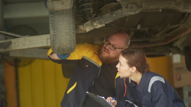 Caucasian male mechanic with glasses and a beard works alongside a female technician, reviewing a digital tablet and giving a thumbs-up. This high-energy commercial imagery represents gender diversity