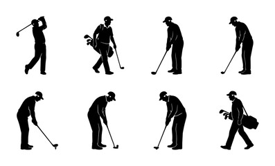 Naklejka premium Golf Player Silhouettes Collection, Diverse Poses Vector Set, Sports Action Icons for Graphic Design