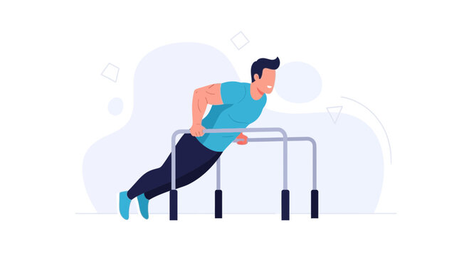 Man performing dips on parallel bars, vector illustration of fitness and strength training