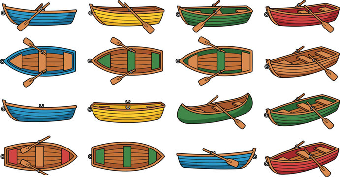 Wooden rowboat vector icon set with colorful small boats paddles and oars from side and top view for lake adventure graphic design