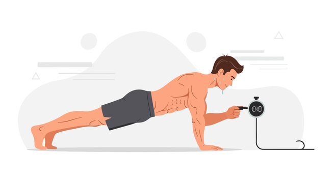 Man performing plank exercise with stopwatch, demonstrating core strength and fitness goals