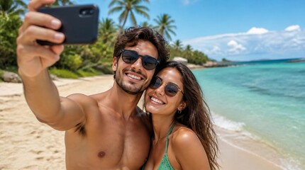 Fototapeta premium Young couple taking selfies together with mobile phones on tropical beach.