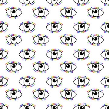 Seamless pattern with stylized eyes and rainbow eyelashes