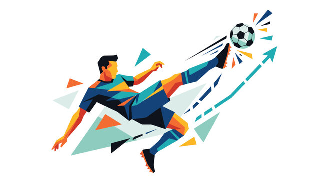 Dynamic geometric football player executing an acrobatic aerial kick with vibrant faceted shapes