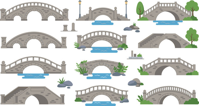 Flat Stone Bridge and Arch Vector Element Set with Garden Handrails River Water and Trees for Landscape Map and Park Graphic Designs
