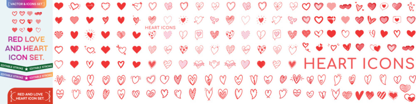 Red heart icon set vector art illustration. Red heart vector icons set. Heartbeat icon, broken heart, cardiogram heart icon, wing heart, A various Romantic valentine heart symbol icon set.  