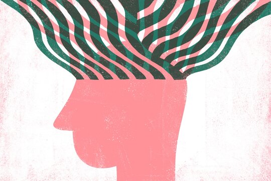 An abstract illustration with a human head with abstract shapes.
