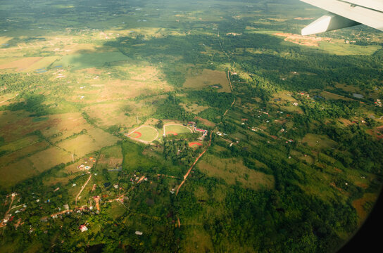 Aerial view of tropical landscape with baseball fields