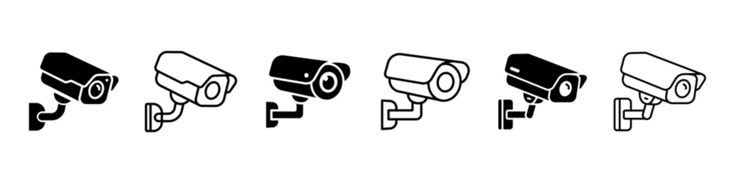 CCTV security camera icon set, thin line and solid black glyph vector illustration isolated on white background.