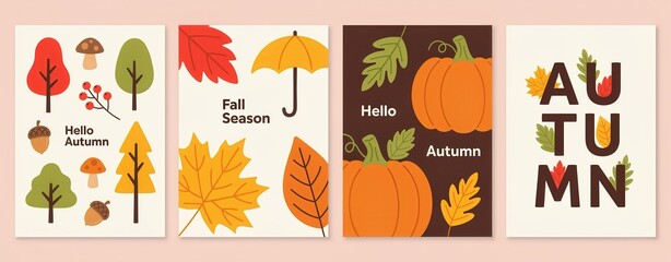 Fototapeta premium Set of autumn greeting cards with pumpkins, leaves, trees, mushrooms, acorns and umbrella