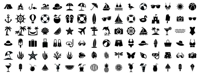 Fototapeta premium Mega collection of summer vacation, beach holiday, and travel glyph icons. Minimalist vector illustration of flat silhouettes including tropical palms, sea activities, swimming gear, cocktails, marine